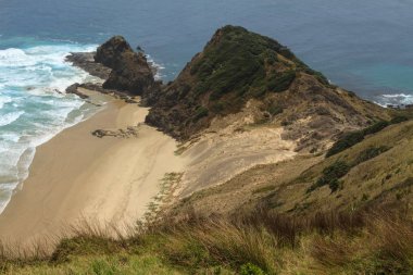 Cape Reinga, known as Te Rerenga Wairua in Maori, in the far north of New Zealand. The tip of the peninsula jutting out into the ocean clipart