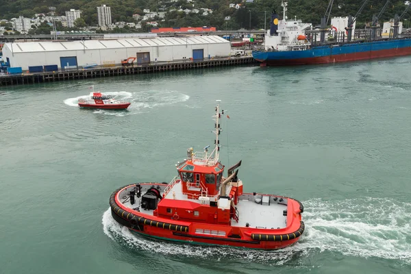 Een Sleepboot Een Pilot Vaartuig Een Haven Ongeveer Helpen Een — Stockfoto