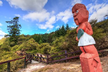 Maori ahşap oymacılığı, orman arazisinde tekoteko (insan figürü), Rotorua, Yeni Zelanda