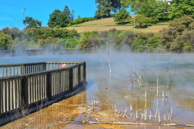 Dumanı tüten jeotermal göle Kuirau Parkı'nın kalbinde Rotorua, Yeni Zelanda. Ahşap görüntüleme platformu kişilerin emniyet kaynar sıcak bahar görüntülemesine izin verir. 