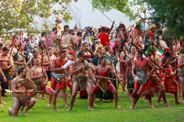 Savaşçı Kılığına Girmiş Geleneksel Silahlarla Donanan Maori Erkek Kadınların Büyük — Stok fotoğraf