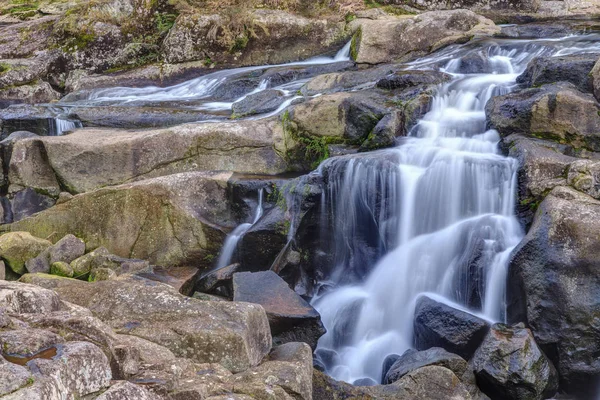 Bir dizi kaya çıkıntısının üzerinde bir peçe gibi çağlayan bir şelale. Mclaren Falls, Yeni Zelanda