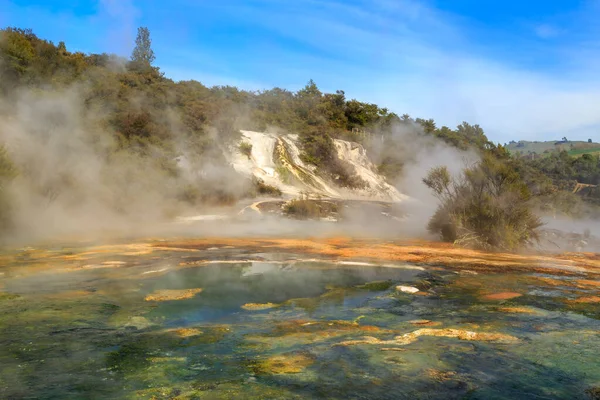 Uma Fonte Quente Fumegante Cheia Algas Coloridas Parque Geotérmico Orakei — Fotografia de Stock