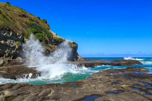Grandes Olas Rompiendo Rocas Costeras Muriwai Una Playa Costa Oeste — Foto de Stock