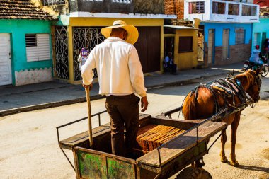 Trinidad, Küba - 2019.Cuban adam tuğla bir at boşaltma taşıma çizilmiş.