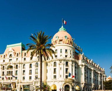 Nice, Fransa - 2019. Hotel Negresco ünlü lüks oteldir Nice'de Promenade des Anglais üzerinde.
