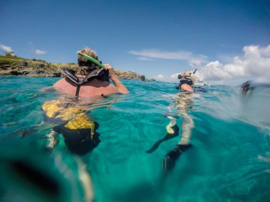 Buck Adası, Karayipler - 2019. İnsanlar Karayip Denizi 'nde Buck Adası' nda şnorkelle yüzüyor..