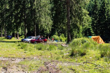 Iezer Dağları - Romanya - 2019. İnsanlar bir perve yanında rahatlatıcı