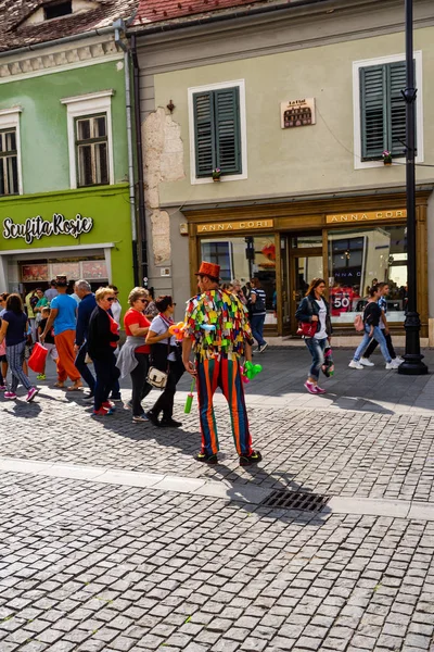Sibiu, Roménia - 2019. Homem vestindo roupas coloridas e soprando — Fotografia de Stock
