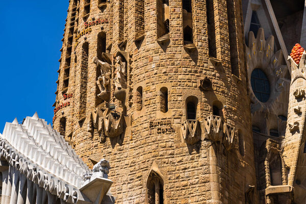 Barcelona, Spain – 2019. Detail view of Sagrada Familia in Bar