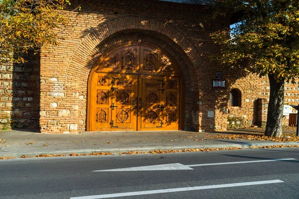Porte en bois à l'entrée du monastère de Stelea — Photo