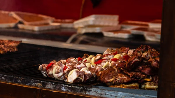 Viande fumante juteuse sur un gril au charbon de bois, steaks de porc, poulet br — Photo