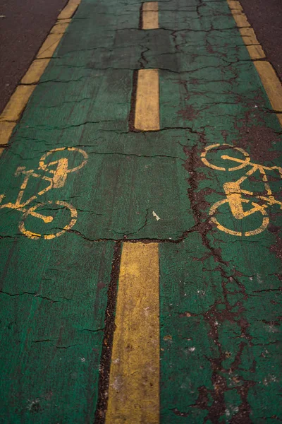 Bicycle sign on asphalt. Bicycle line in King Mihai I park (Hera — Stock Photo, Image