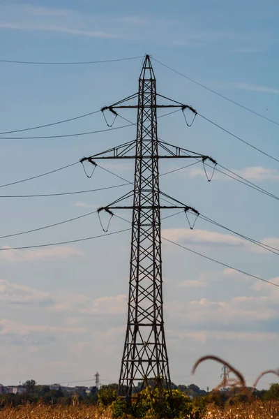 Poste de alto voltaje, torre de alto voltaje, transmisión eléctrica lin — Foto de Stock