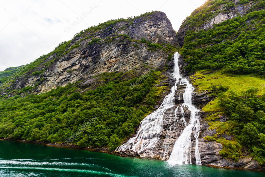 The Suitor, a waterfall in Geiranger Fjord, Norway, opposite to 