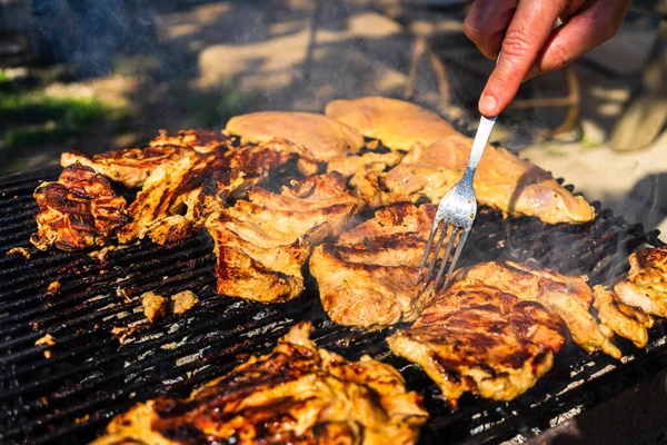 Frango Carne Porco Grelhados Num Churrasco Carvão Vista Superior Acampamento — Fotografia de Stock