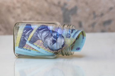 Tasarruf edilen kompozisyon. Romanyalı LEI banknotları cam bir kavanozda. Yatırım yapma ve para tutma kavramı, tecrit edilmiş..