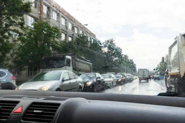Traffic Rainy Day Road View Car Window Rain Drops Blurry — Stock Photo, Image