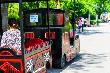 Çocuklu aileler parkta trenle geziyorlar. 2020 yılında Romanya 'nın Bükreş kentindeki Mogosoaia kentinden insanlar park ve bahçelerde yürüyor, dinleniyor ve eğleniyorlar..