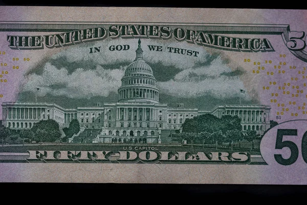 50ドル紙幣の詳細を選択的に焦点を当てる お金の銀行券 ドルのマクロの詳細を閉じます 世界のお金の概念 インフレと経済の概念 — ストック写真