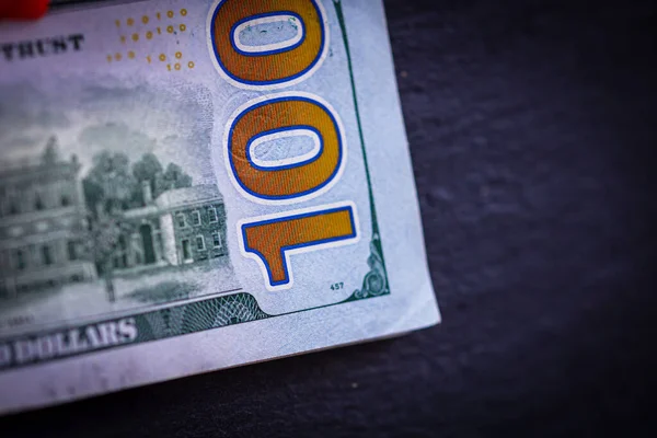 Selektywne Skupienie Się Szczegółach Banknotu 100 Dolarów Zamykamy Makro Detale — Zdjęcie stockowe