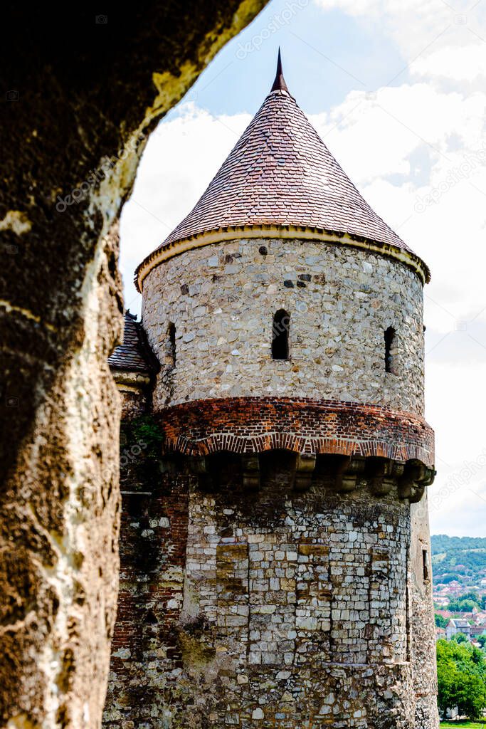 Hunyad Castle - Corvin's Castle in Hunedoara, Romania, 2020. Exterior architectural detail.