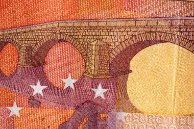 Avro banknotlarının detaylarına özen göster. Para banknotlarının makro detaylarını kapat, 10 Euro izole edilmiş. Dünya para kavramı, enflasyon ve ekonomi kavramı