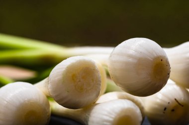 İzole edilmiş bir kesme tahtasındaki taze soğanların detaylarını kapat..