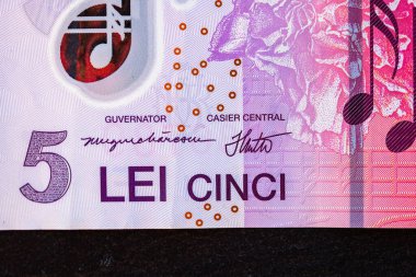 Ley banknotlarının detaylarına özen göster. Romanya lei banknotlarının makro detaylarını kapat, 5 lei izole. Dünya para kavramı, enflasyon ve ekonomi kavramı