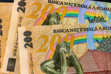 Ley banknotlarının detaylarına özen göster. Romanya lei banknotlarının makro detaylarını kapat, 200 lei izole edilmiş. Dünya para kavramı, enflasyon ve ekonomi kavramı