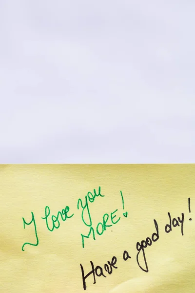 Love You More Handwriting Text Close Isolated Yellow Paper Copy — Stock Photo, Image