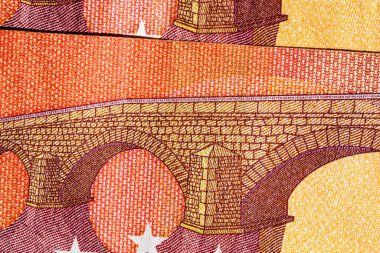 Avro banknotlarının detaylarına özen göster. Para banknotlarının makro detaylarını kapat, 10 Euro izole edilmiş. Dünya para kavramı, enflasyon ve ekonomi kavramı