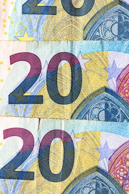 Avro banknotlarının detaylarına özen göster. Para banknotlarının makro detaylarını kapat, 20 Euro izole edilmiş. Dünya para kavramı, enflasyon ve ekonomi kavramı