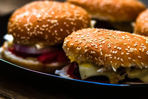 Closeup Fresh Homemade Tasty Burgers Wooden Table — Stock Photo, Image