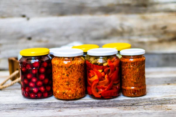 Jars Variety Canned Vegetables Fruits Jars Zacusca Preserved Food Concept — Stock Photo, Image