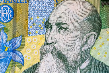 Ley banknotlarının detaylarına özen göster. Romanya lei banknotlarının makro detaylarını kapatın, 1 leu izole edilmiş. Dünya para kavramı, enflasyon ve ekonomi kavramı