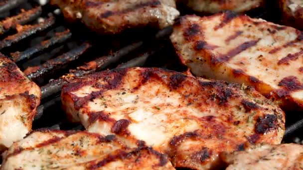 Grilling Pork Steaks Delicious Meat Steaks Cooking Barbecue Grill — Stock Video