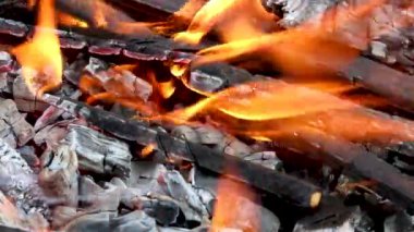 Yanan odun parçaları kömür oluşturur. Barbekü hazırlığı, pişirmeden önce ateş. Sıcak kömür çok ısıtılmış ahşaptan yapılır..