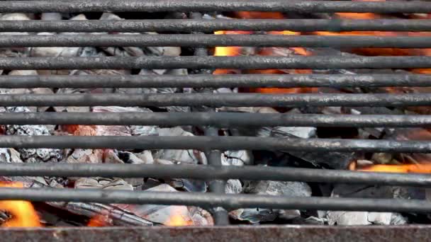 Parrilla Barbacoa Carbón Caliente Vacía Con Fuego Ardiente Con Llama — Vídeos de Stock