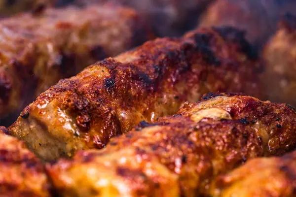 Vicino Dettagli Degli Involtini Carne Fatti Casa Sulla Griglia Barbecue — Foto Stock
