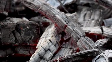 Yanan odun parçaları kömür oluşturur. Barbekü hazırlığı, pişirmeden önce ateş. Sıcak kömür çok ısıtılmış ahşaptan yapılır..