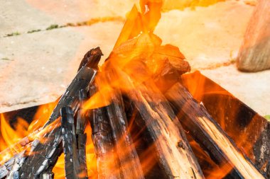 Yanan odun parçaları kömür oluşturur. Barbekü hazırlığı, pişirmeden önce ateş. Sıcak kömür çok ısıtılmış ahşaptan yapılır..