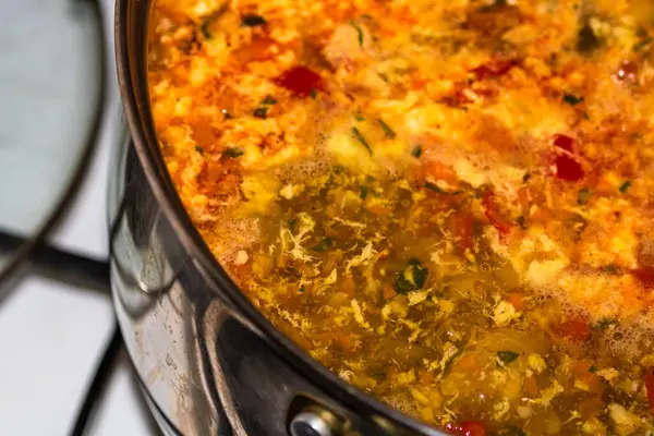 Preparation Soup Chicken Vegetables Close Boiling Soup — Stock Photo, Image