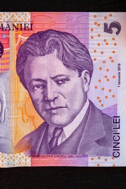 Ley banknotlarının detaylarına özen göster. Romanya lei banknotlarının makro detaylarını kapat, 5 lei izole. Dünya para kavramı, enflasyon ve ekonomi kavramı