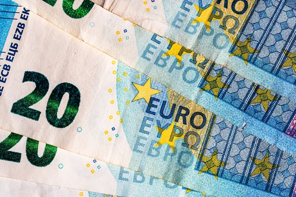 Eurobankjegyek Részleteire Való Szelektív Összpontosítás Zárják Eurós Izolált Bankjegyek Makroszintű — Stock Fotó