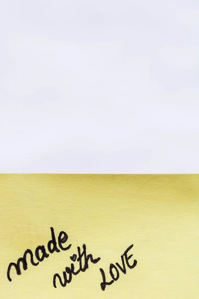 Made Love Handwriting Text Close Isolated Yellow Paper Copy Space — Stock Photo, Image