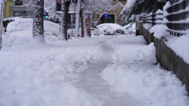 Park sokağı yoğun karla kaplı. Romanya 'nın Bükreş kentinde kış, 2020