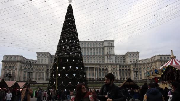 Weihnachtsmarkt Mit Christbaum Lichtern Und Menschen Die Spaß Haben Geschmückter — Stockvideo