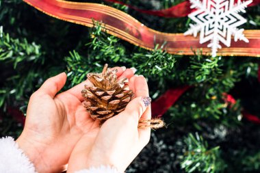 Noel ağacının önünde Noel süsü tutan eller. Noel süslemeleri ile köknar dallarını süslemek.
