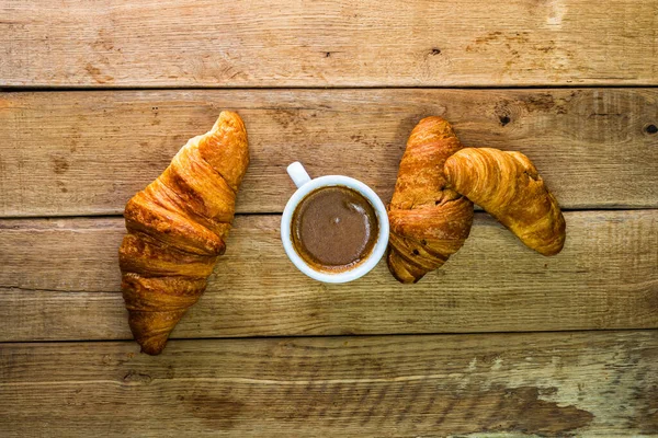 Fresh Croissant Puff Pastry Biscuits Wooden Table Coffee Food Breakfast — Stock Photo, Image